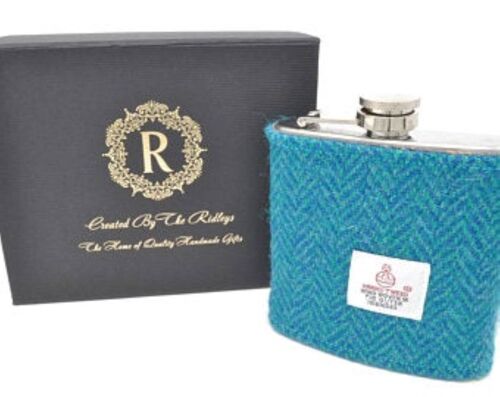 6oz Harris Tweed Hip Flask - Teal Herringbone - HT07