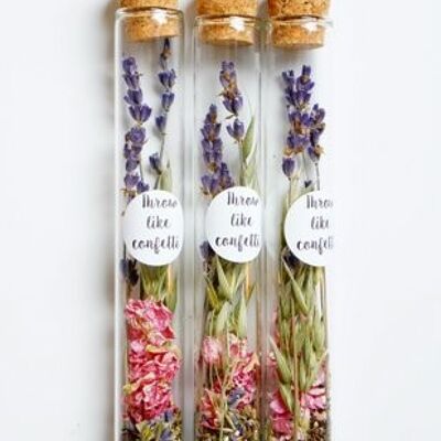 Dried flowers + flower seeds in a bottle with sticker