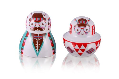 Hipster Doll 2pc, Matrioshka, Salt & Pepper Set, porcelain