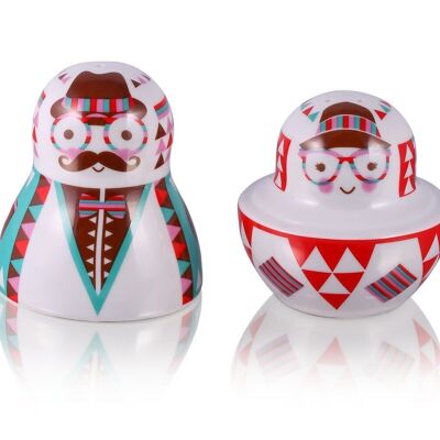 Hipster Doll 2pc, Matrioshka, Salt & Pepper Set, porcelain