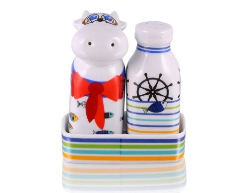 Sailor– 3pc Cowdy Salt & Milk Pepper With Tray Set, porcelain
