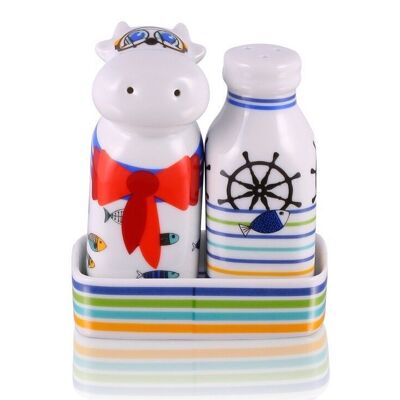 Sailor– Juego de 3 piezas de sal y pimienta de leche Cowdy con bandeja, porcelana