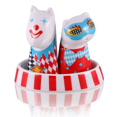 Circus Mask– 3pc Dog Salt & Cat Pepper With Tray Set, porcelain