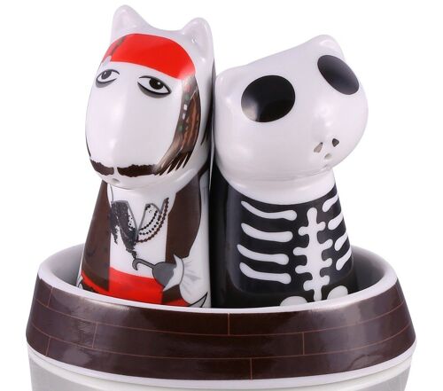 Pirates– 3pc Dog Salt & Cat Pepper With Tray Set, porcelain