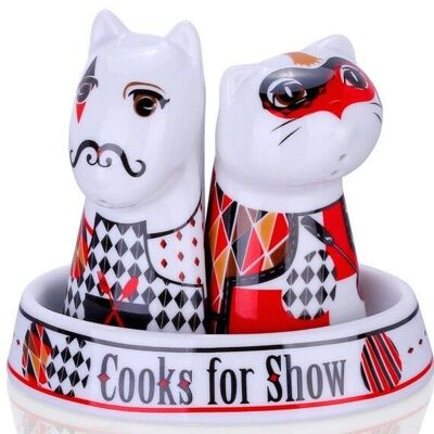 Cooks for show - Juego de 3 piezas de sal para perros y pimientos para gatos con bandeja, porcelana