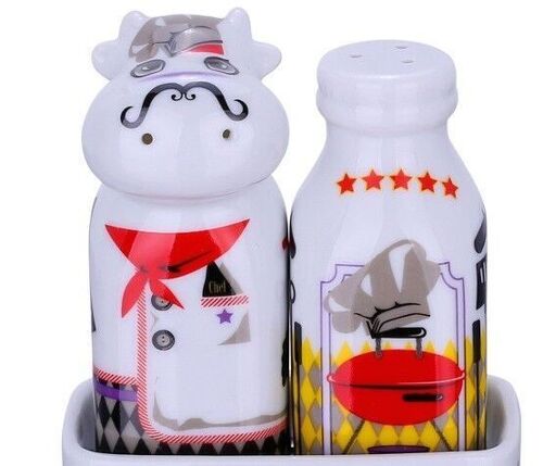 Kings of Grill – 3pc Cowdy Salt & Milk Pepper With Tray Set, porcelain