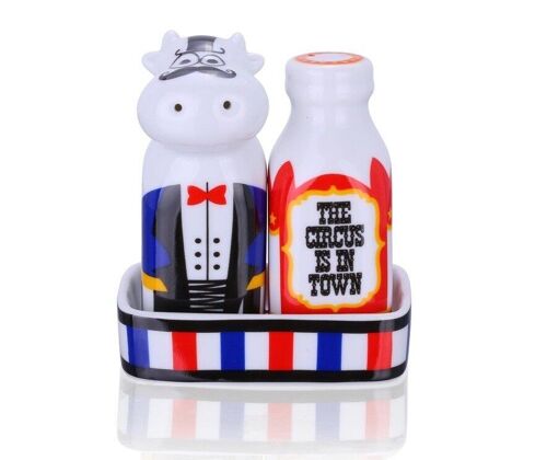 Circus in Town – 3pc Cowdy Salt & Milk Pepper With Tray Set, porcelain