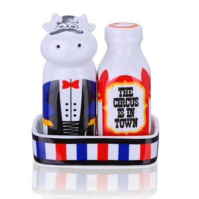Circus in Town – 3pc Cowdy Salt & Milk Pepper With Tray Set, porcelain