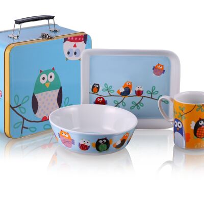 Service de table pour enfants, vaisselle 4 pièces avec valise, porcelaine, hiboux