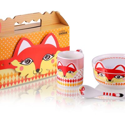 Stoviglie per bambini, set per la cena, set per la colazione, set Happy Fox 4 pezzi, porcellana New Bone China