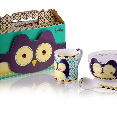 Happy Owl - vajilla para niños, vajilla, desayuno, 4 piezas, porcelana New Bone China