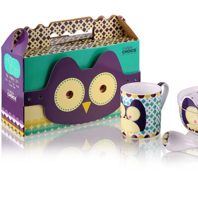 Happy Owl - vajilla para niños, vajilla, desayuno, 4 piezas, porcelana New Bone China