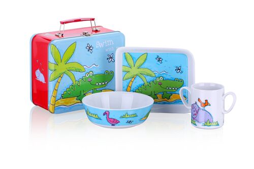 Dinnerset, tableware, porcelain, Hippo in a sutitcase, 4pcs, breakfast set