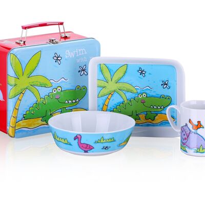 Dinnerset, tableware, porcelain, Hippo in a sutitcase, 4pcs, breakfast set