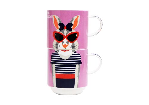 Rabbit Hipster, 2 stackable mugs for couple, New Bone China