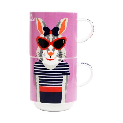 Lapin Hipster, 2 mugs empilables pour couple, New Bone China