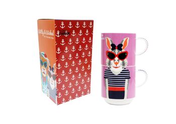 Lapin Hipster, 2 mugs empilables pour couple, New Bone China 2