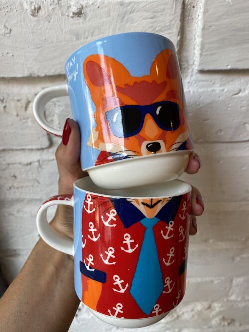 Fox Hipster, 2 stackable mugs for couple, New Bone China