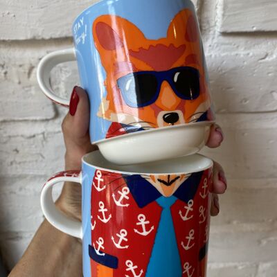 Fox Hipster, 2 stackable mugs for couple, New Bone China