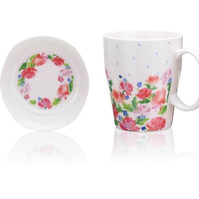 Englische Rosen, Becher mit Deckel/Untertasse, Porzellan New Bone China