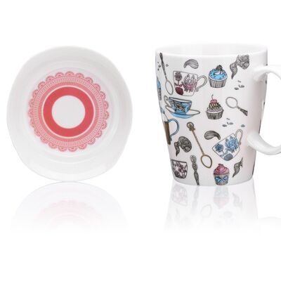 Retro Candy Shop, Becher mit Deckel/Untertasse, Porzellan New Bone China