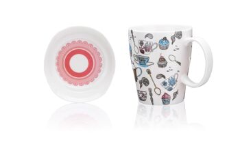 Retro Candy Shop, Mug avec couvercle/soucoupe, Porcelaine New Bone China