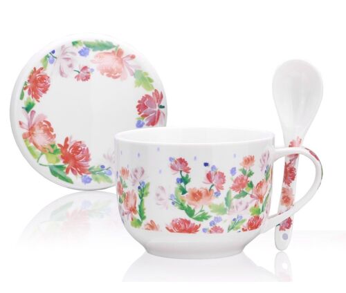 English Roses, Soup Mug with lid and spoon, Porcelain New Bone China
