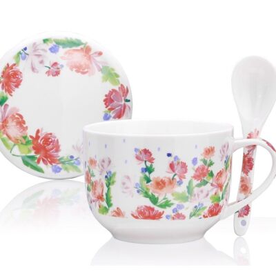 Roses anglaises, Tasse à soupe avec couvercle et cuillère, Porcelaine New Bone China