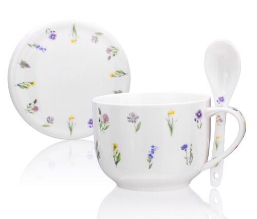 Spring Meadow, Soup Mug with lid and spoon, Porcelain New Bone China