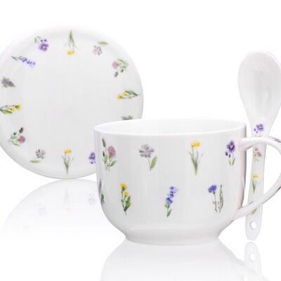 Spring Meadow, Soup Mug with lid and spoon, Porcelain New Bone China