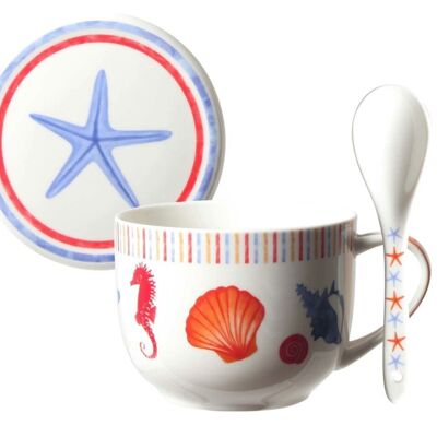 Coral Reef, Soup Mug with lid and spoon, Porcelain New Bone China