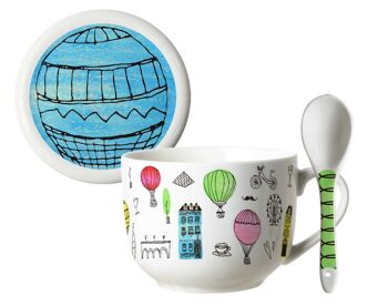 Ballons rétro, Tasse à soupe avec couvercle et cuillère, Porcelaine New Bone China