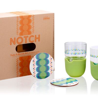 Juego de 6 tazas Notch Take A Break verde, juego de desayuno: taza de café/té de 360 ml, vaso de jugo de 430 ml con cubiertas de silicona y posavasos