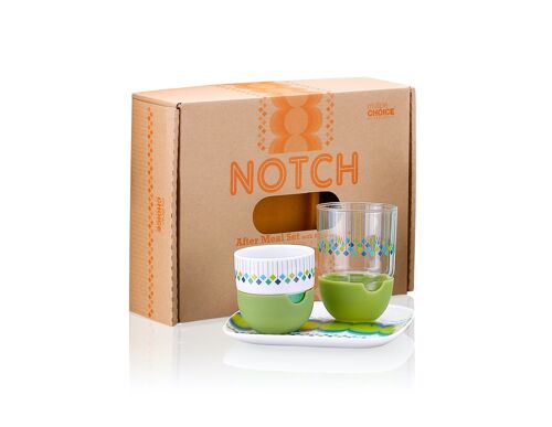 5pc Notch After Meal Espresso Set in green, Breakfast set: square desert plate, espresso small Coffee Mug, water glass with silicone covers