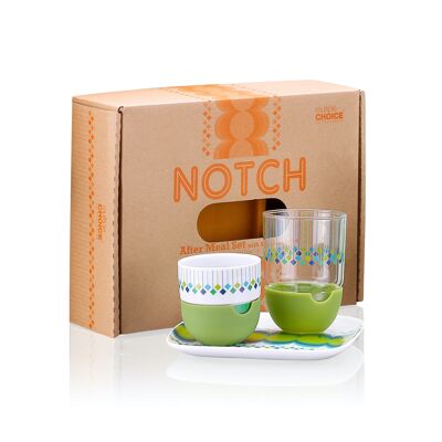 5pc Notch After Meal Espresso Set in green, Breakfast set: square desert plate, espresso small Coffee Mug, water glass with silicone covers