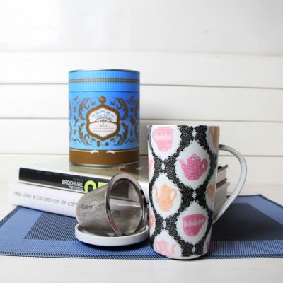 Teteras Taza de té - Taza de té de 3 Piezas con Tapa y Juego de Filtros de Acero Inoxidable, Porcelana