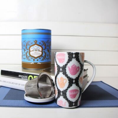Teiere Tazza da tè - -3 tazze da tè con coperchio e set di filtri in acciaio inossidabile, porcellana
