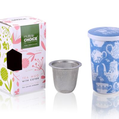 Tetera azul: juego de tazas de té de 3 piezas con tapa y filtro de acero inoxidable, porcelana