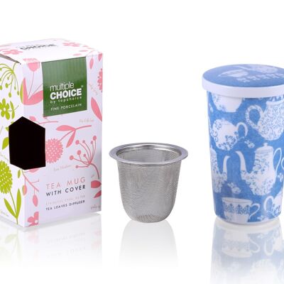 Tetera azul: juego de tazas de té de 3 piezas con tapa y filtro de acero inoxidable, porcelana