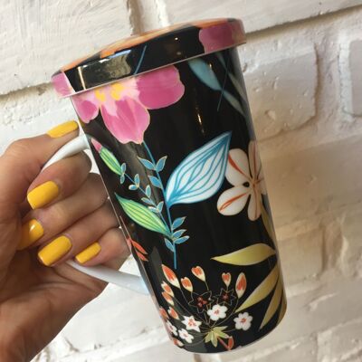 Taza de té de 3 piezas de flores negras con tapa y juego de filtros de acero inoxidable, porcelana
