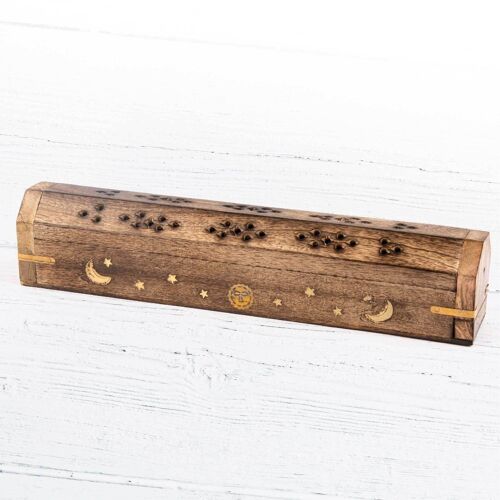Wooden Incense Box - Crescent Moon, Stars And Sun