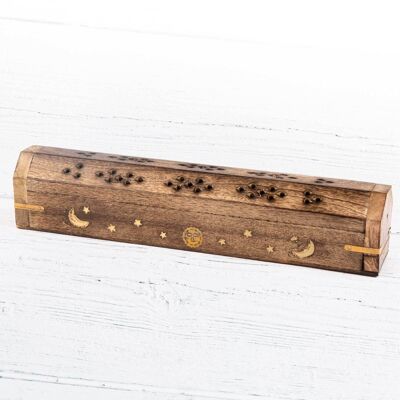 Boîte à encens en bois - Croissant de lune, étoiles et soleil