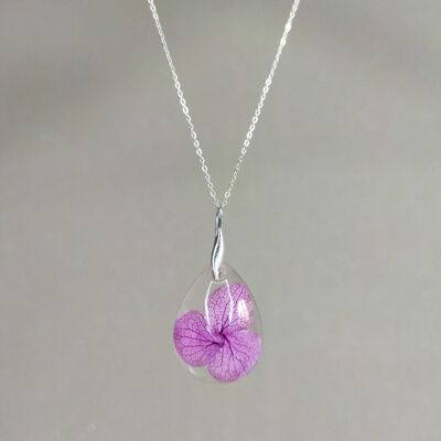 Collier goutte fleur d'hortensia fuchsia en argent 925