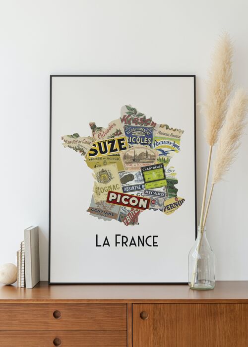 Carte de France des alcools - Affiche 30x40 cm - Idée cadeau pour amoureux de spiritueux