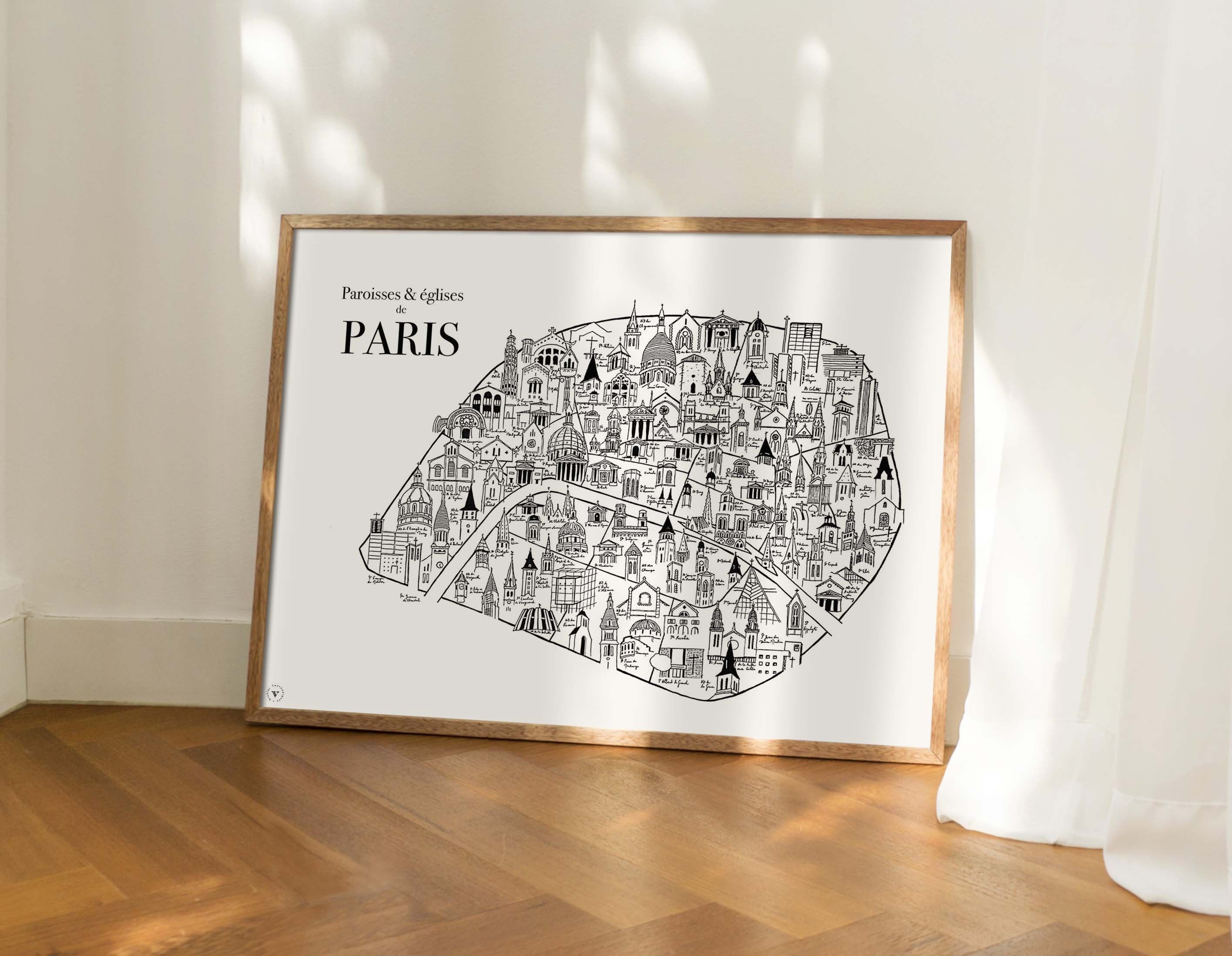 Mappa delle chiese di Parigi - Poster 30x40cm - Idea regalo per gli amanti di Parigi