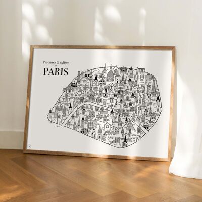Karte der Kirchen von Paris - Poster 30x40cm - Geschenkidee für Liebhaber von Paris
