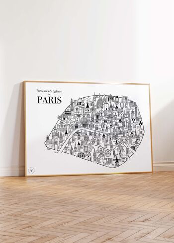 Carte des églises de Paris - Affiche 30x40cm - Idée cadeau pour amoureux de Paris 2