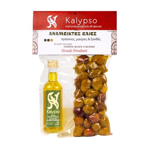 Mixed olives and greek virgin olive oil 50ml