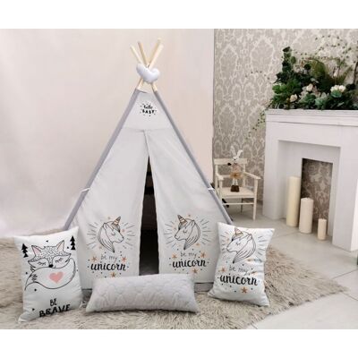 Tente tipi avec 3 oreillers, licorne