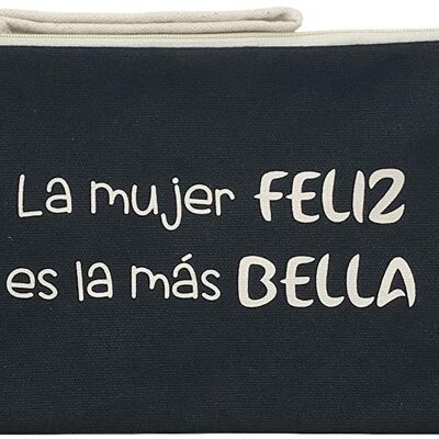 Bolso Neceser / Cartera de Mano, 100% Algodón, modelo "LA MUJER FELIZ ES LA MAS BELLA"